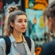 Young woman on the street with colorful background talks to a friend about her bipolar disorder triggers.