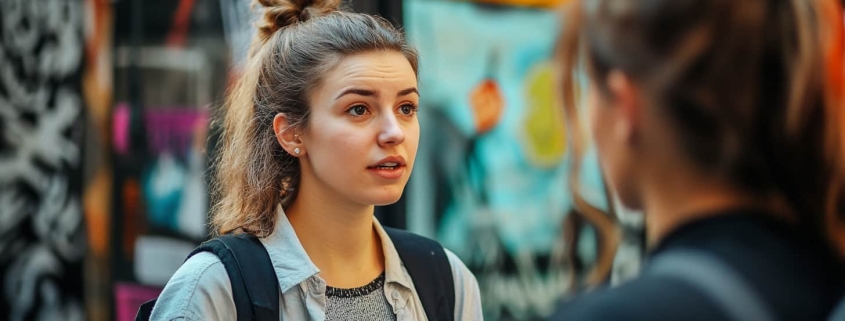 Young woman on the street with colorful background talks to a friend about her bipolar disorder triggers.