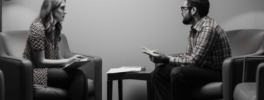 A man, seated comfortably, engaging in a counseling session with a compassionate woman. They discuss topics related to autism and mental health.