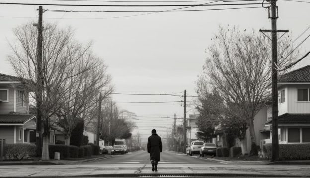 A solitary person walks alone on a quiet suburban street, reflecting the isolating effects of depression.