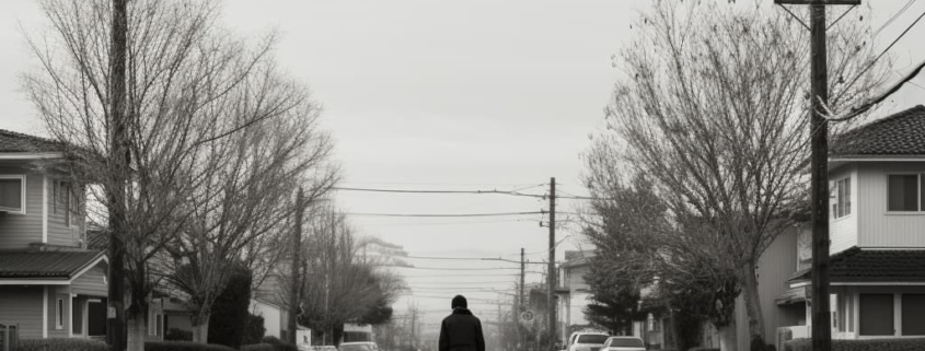 A solitary person walks alone on a quiet suburban street, reflecting the isolating effects of depression.