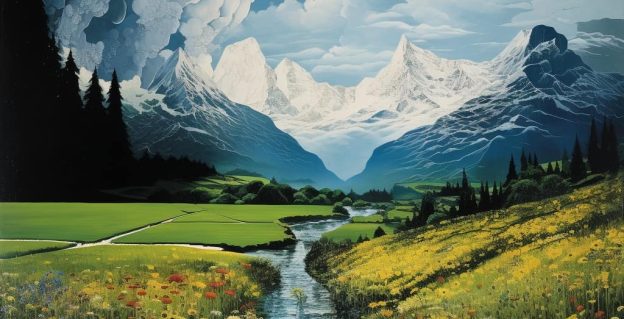 Close-up view of a serene meadow transitioning into distant towering mountains, symbolizing the contrasting emotional landscapes of Bipolar II.
