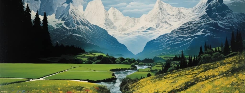 Close-up view of a serene meadow transitioning into distant towering mountains, symbolizing the contrasting emotional landscapes of Bipolar II.