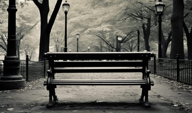 An image capturing the essence of anhedonia: a stark, empty bench in a park on a gloomy day, symbolizing loneliness and emotional numbness.