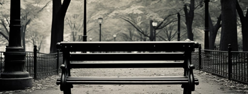 An image capturing the essence of anhedonia: a stark, empty bench in a park on a gloomy day, symbolizing loneliness and emotional numbness.