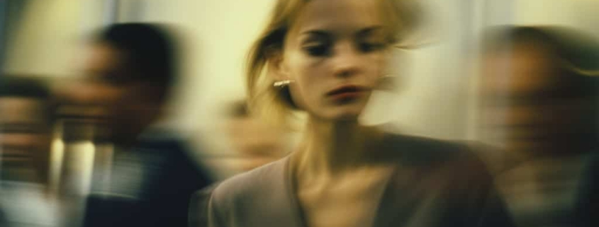 A woman in a blurry social setting with subtly distorted features, visually representing Body Dysmorphia Symptoms and the feeling of disconnection in social environments.