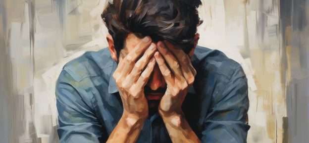Man sitting with his head in his hands, looking distressed, symbolizing the challenge of coping with Lexapro side effects like headaches.