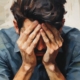 Man sitting with his head in his hands, looking distressed, symbolizing the challenge of coping with Lexapro side effects like headaches.