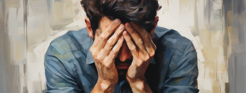 Man sitting with his head in his hands, looking distressed, symbolizing the challenge of coping with Lexapro side effects like headaches.