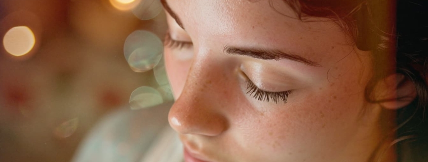 Close-up of a woman with closed eyes practicing Reiki for anxiety relief, with soft, blurry lights in the background creating a serene and calming atmosphere.