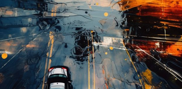 An illustration of a car traveling on a road towards a smudged area, symbolizing the journey through and the unclear nature of retraumatization.