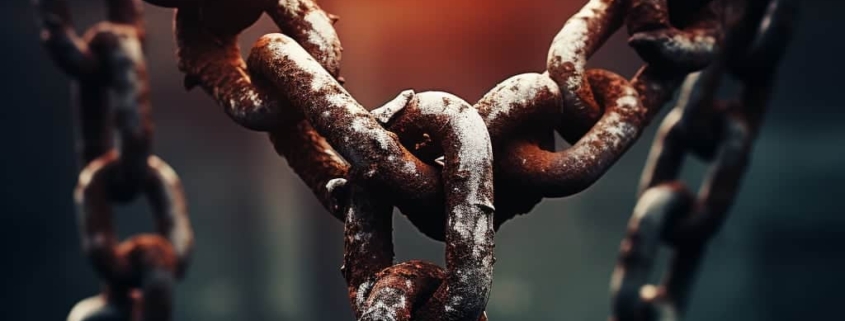 Rusty chains illuminated by a soft red light in the background, visually metaphorizing the concept of 'what is a trauma bond.'