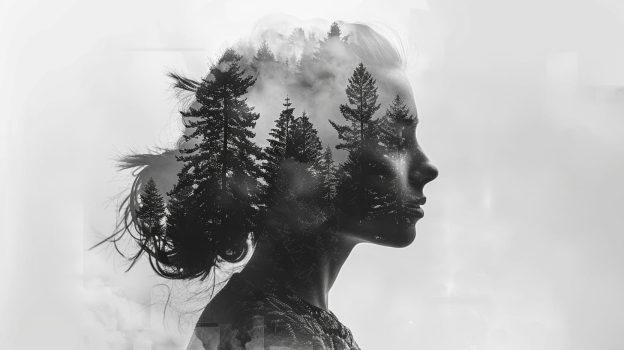 A sad woman's portrait double-exposed with a dense forest, symbolizing the complexity and depth of navigating through the types of nervous breakdowns.