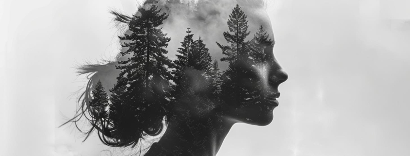 A sad woman's portrait double-exposed with a dense forest, symbolizing the complexity and depth of navigating through the types of nervous breakdowns.