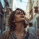 A woman wearing dark sunglasses gazes upwards amidst the hustle and bustle of city life, symbolizing the search for attention and validation characteristic of symptoms of histrionic personality disorder.