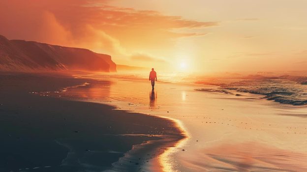 A solitary man walks along a beach at sunset showing the solitude and contemplation related to overcoming betrayal trauma.