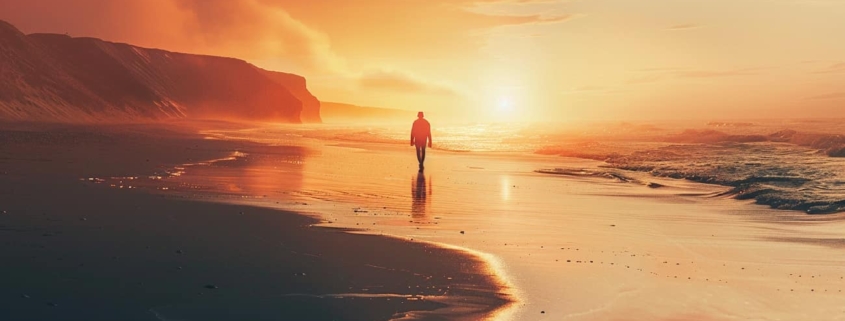 A solitary man walks along a beach at sunset showing the solitude and contemplation related to overcoming betrayal trauma.