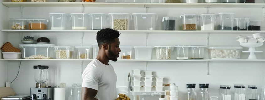 A man stands in a kitchen beside a counter displaying meticulously organized food containers illustrating can OCD be cured in a healthy way.