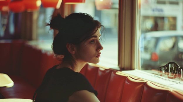 A woman sits alone at a cafe table, gazing out the window reflecting the isolation and introspection associated with depression and eating disorders.