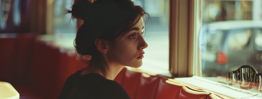 A woman sits alone at a cafe table, gazing out the window reflecting the isolation and introspection associated with depression and eating disorders.