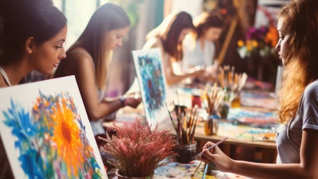 A group of young women, diverse in race and appearance, are engaged in art therapy expressing themselves in a supportive LGBTQ and mental health workshop setting.