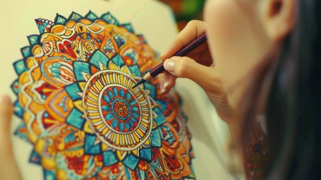 Close-up image of a woman coloring a mandala symbolizing the use of art therapy in neurodivergent mental health care.