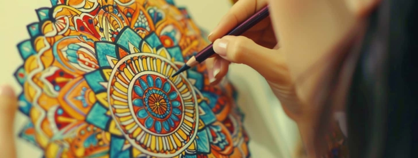 Close-up image of a woman coloring a mandala symbolizing the use of art therapy in neurodivergent mental health care.