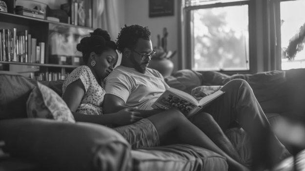 A couple sits closely on a couch, deeply engaged in reading an educational book about PTSD, highlighting a moment of mutual learning and understanding in their relationship.