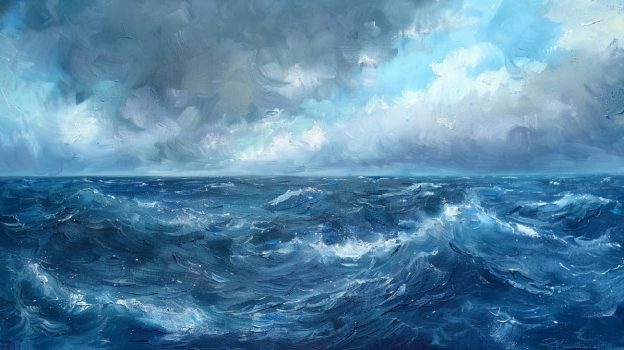 Oil painting depicting the transition from a stormy sea to calm waters, symbolizing the emotional journey from turmoil to peace, representing the exploration of what causes Borderline Personality Disorder.