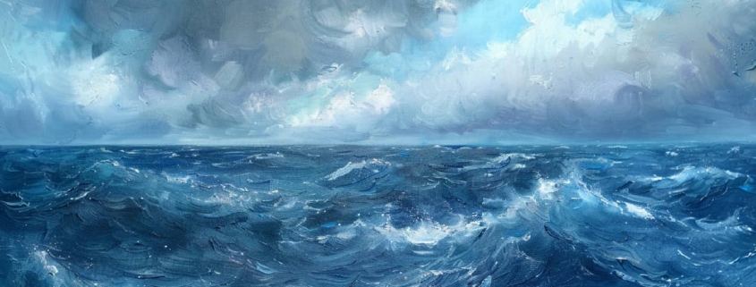 Oil painting depicting the transition from a stormy sea to calm waters, symbolizing the emotional journey from turmoil to peace, representing the exploration of what causes Borderline Personality Disorder.