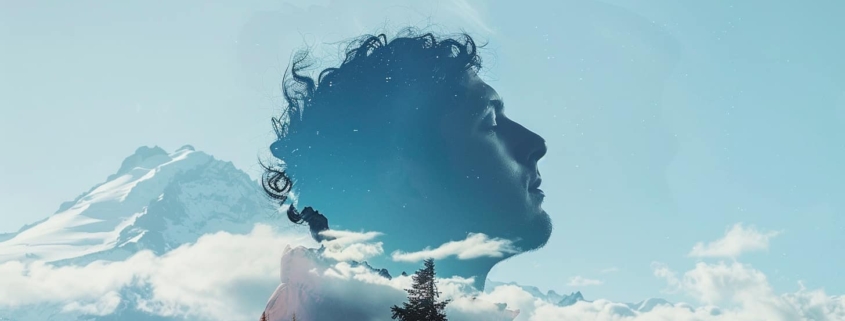 a man looking upward in contemplation, superimposed onto a serene mountain landscape. symbolizing hope and clarity in discussions about who diagnoses mental illness.