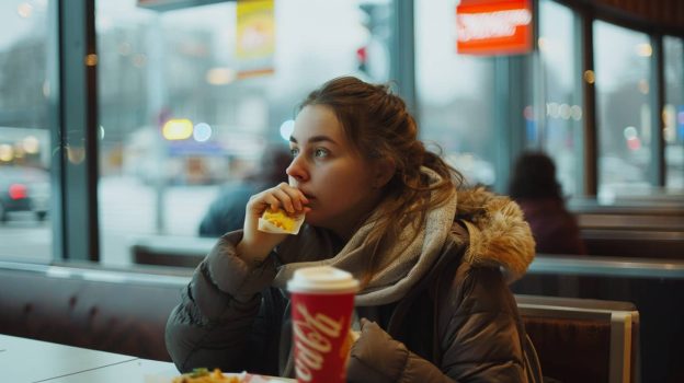 A woman with binge eating disorder sitting in a fast food restaurant, consuming a meal.