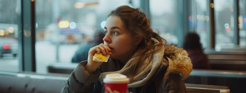 A woman with binge eating disorder sitting in a fast food restaurant, consuming a meal.