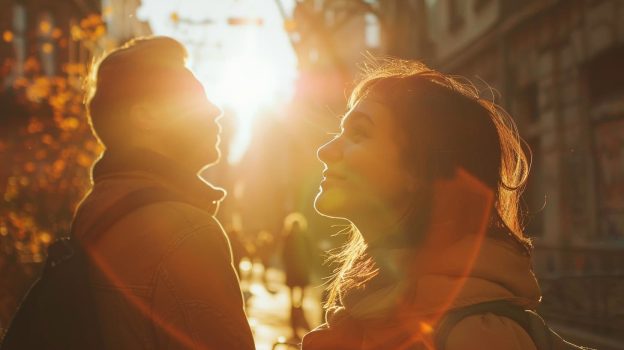 A woman and a man stand together in an urban setting, bathed in sunlight that filters down from behind them, casting a warm glow showing their journey of managing neurotic behavior.