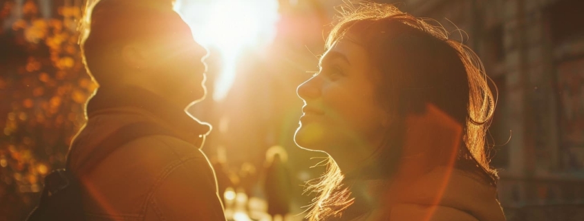 A woman and a man stand together in an urban setting, bathed in sunlight that filters down from behind them, casting a warm glow showing their journey of managing neurotic behavior.