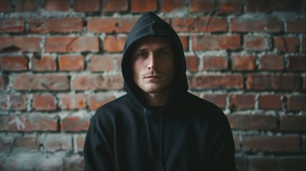 A man wearing a dark hoodie stands against a textured brick wall, staring intensely directly at the camera with a serious expression showing the concealment associated with pathological lying.
