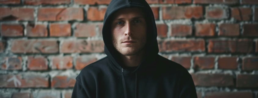 A man wearing a dark hoodie stands against a textured brick wall, staring intensely directly at the camera with a serious expression showing the concealment associated with pathological lying.