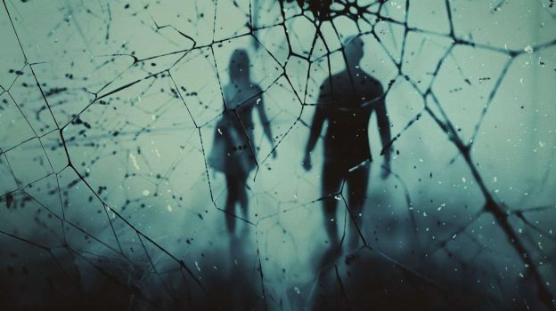 Abstract image of a man and woman walking side by side on a dimly lit path, with a subtle, almost invisible web connecting them at their hands symbolizing the invisible and complex ties of a trauma bond.