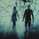 Abstract image of a man and woman walking side by side on a dimly lit path, with a subtle, almost invisible web connecting them at their hands symbolizing the invisible and complex ties of a trauma bond.