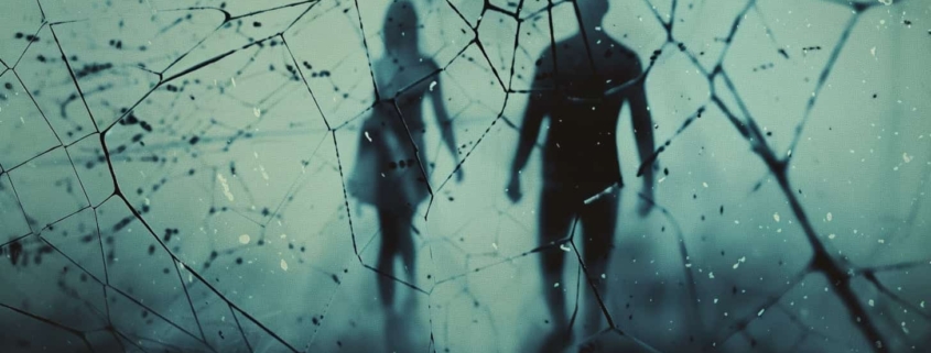 Abstract image of a man and woman walking side by side on a dimly lit path, with a subtle, almost invisible web connecting them at their hands symbolizing the invisible and complex ties of a trauma bond.