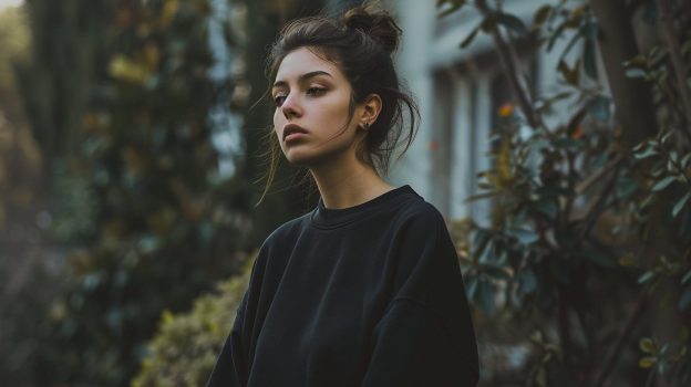 A young woman in a black sweatshirt looks calm after using DBT skills for her emotional regulation.