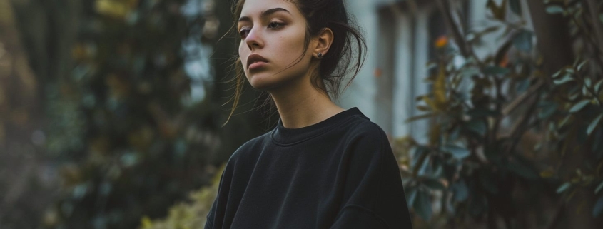 A young woman in a black sweatshirt looks calm after using DBT skills for her emotional regulation.