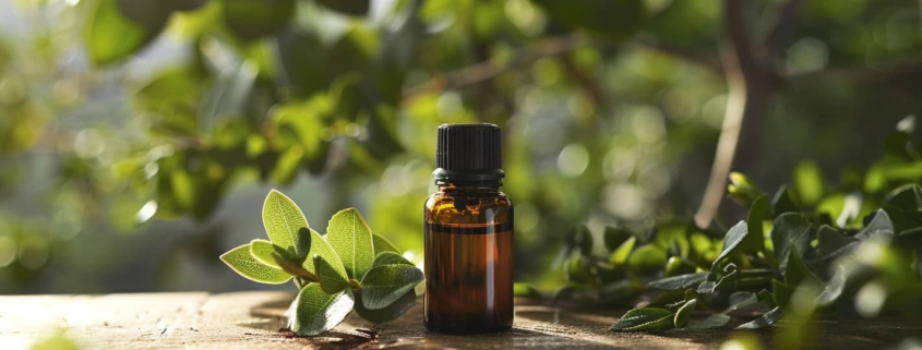 A calming scene with essential oils for depression on a stump, at the center, surrounded by eucalyptus leaves