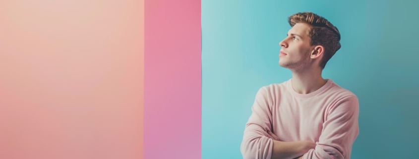 Man against a pastel background with multiple colors looks away deep in thought as though he is showing excessive rumination.