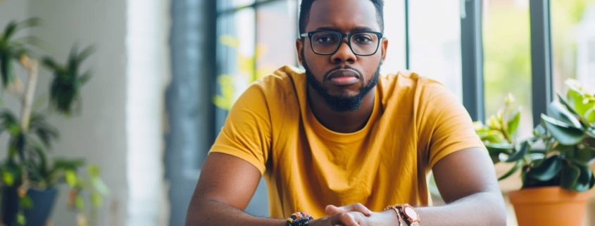 Man with yellow shirt sits looking at the camera, concerned look on his face wondering if Xanax for anxiety is a good option for him