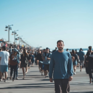 Man with depression walks the boardwalk in Newport Beach looking for mental health help.