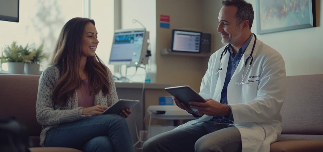 Woman sits with her doctor as in a well-lit clinical room, the are chatting about the effects of Lexapro for depression in Newport Beach Ca