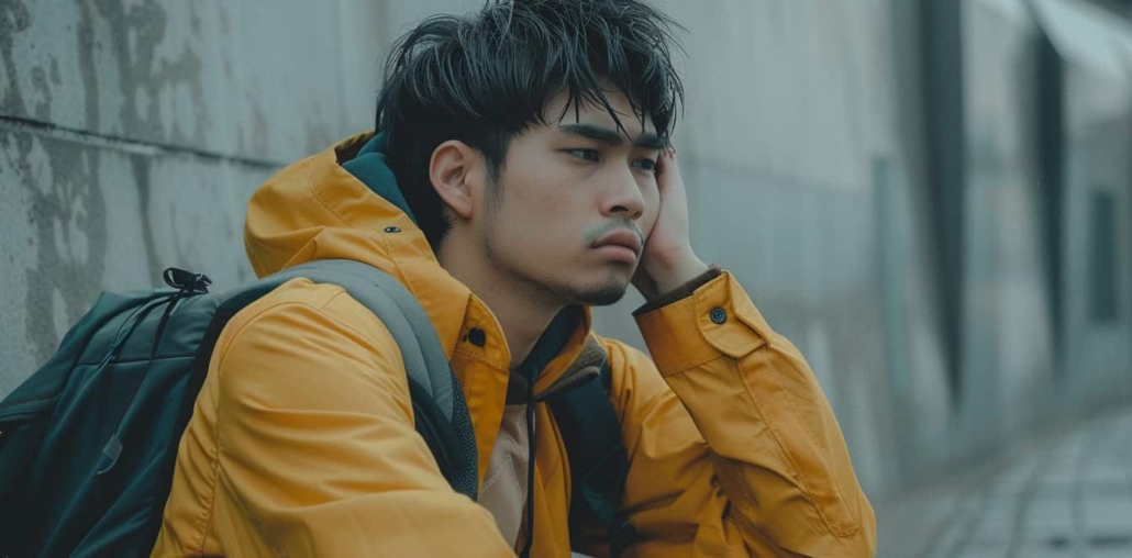 Man in yellow rain coat sits against a wall with downcast look on his face due to negative self-talk.