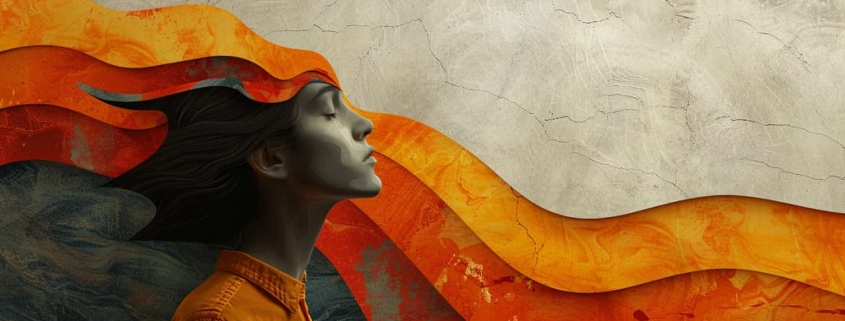 Illustrative image of woman with orange and red waves moving from her head showing healing from negative self-thoughts