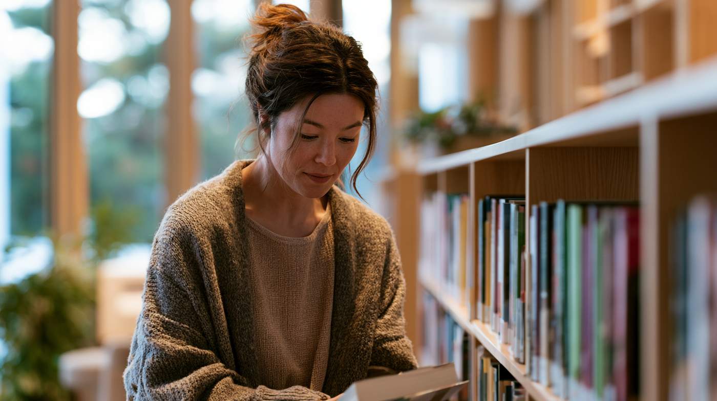 A library employee organizing books in a calm environment, highlighting jobs for people with social anxiety.